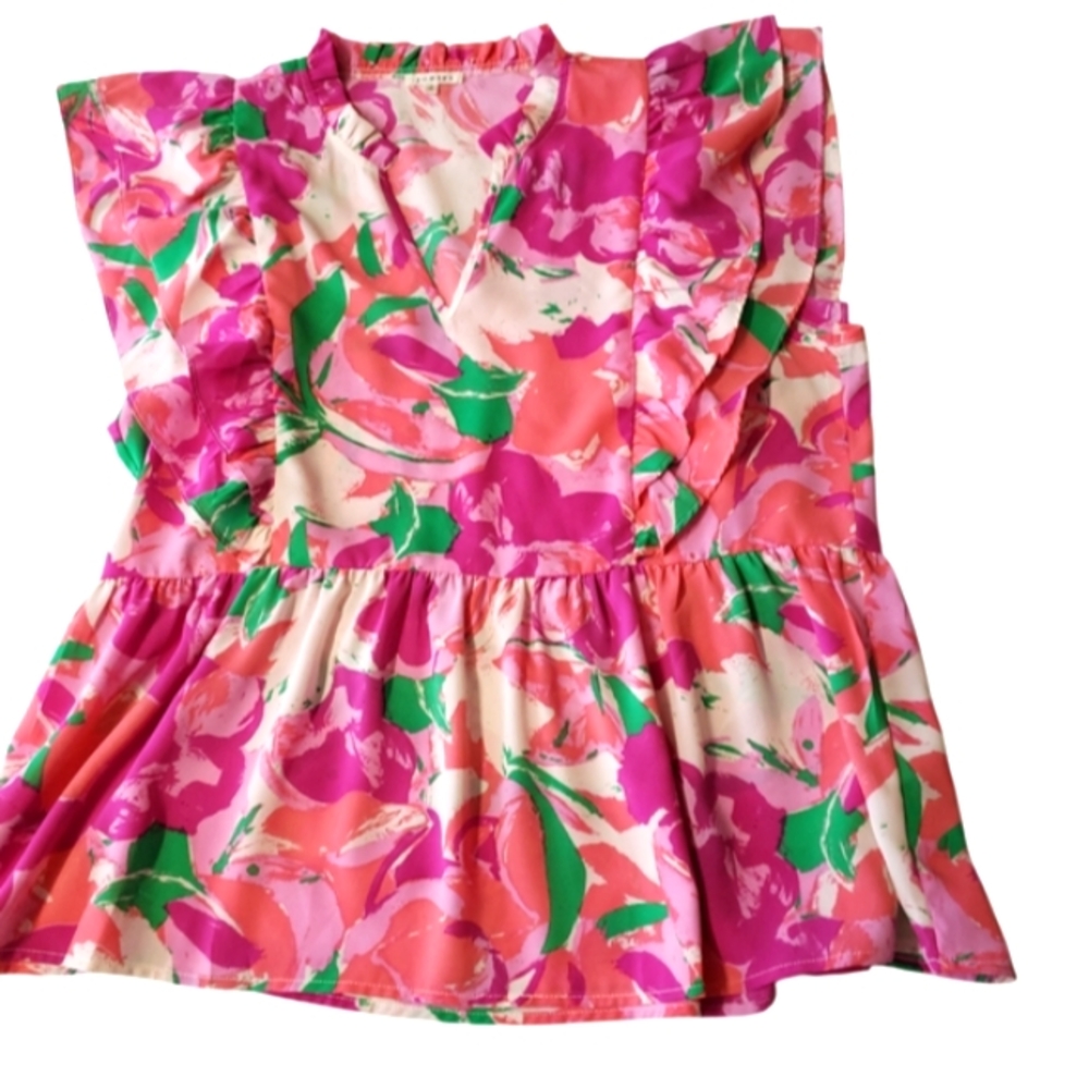 Jodifl Floral Pink and Green Women's 💗 Top Size L.